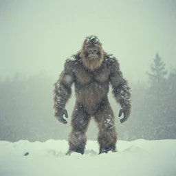photo, bigfoot is hiding in the background. cold color temperature, snow storm. hazy atmosphere. humidity haze. kodak ektachrome, greenish expired film, award winning, low contrast