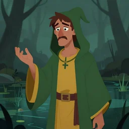 closeup character illustration of a sad wizard in ( green and yellow robes ) holding up a hand standing in a dark swamp, trending on artstation, digital art ( by jesper ejsing ) ( by clint cearley ) ( by raluca marinescu )