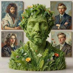 a full body sculpture portrait made of grass and leafs and flowers and plants, painting part by wojciech siudmak, part by ilya repin, part by max ernst, part by norman rockwell, artstation
