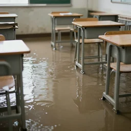 photo of a middle school classroom, the floor is flooded with one meter deep water. eerie