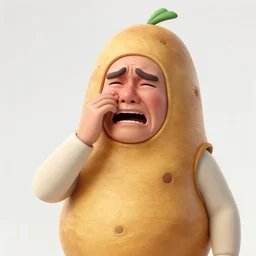 A bald middle aged man in a potato costume crying in a bonfire while eating french fries, beside an evil stick of butter, high detail,