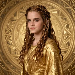 emma watson as celtic druidess, long dreadlocks, gold cloth, shiny background, intricate, elegant, highly detailed, digital painting, artstation, concept art, smooth, sharp focus, illustration, artgerm, mucha, bouguereau