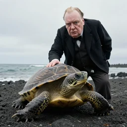 An astonished Winston Churchill discovers the first turtle ever in Galapagos, national geographic, XF IQ4, f/8, ISO 200, 1/600s, 8K, RAW, directed gaze