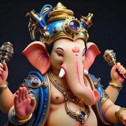 awardwinning portrait photo of a 3 steampunk god ganeshas, wearing a glowing golden and blue metallic steampunk helmet with blue tubes and cables and shiny metallic devices, 3 d render, crisp, 8 k, fluorescent colors, insanely integrate, nikon photography