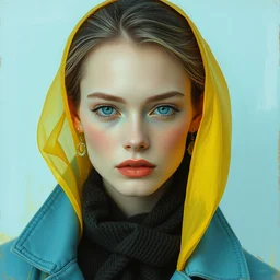 portrait of a fashion model, pastel shades of light blue and light yellow, by greg rutkowski, by jeremy mann, by francoise nielly, by van gogh, official valentino editorial, highly detailed