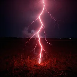 red lightning bolts shoot from the ground, night, field, fire and smoke visible on the horizon, unsettling, 2005 photo