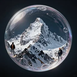 the tallest, snowy mountain inside a bubble of soap floating in the dark, dramatic scenery, ultra realistic, extremely detailed, by john rankin waddel, greg rutkowski, paolo roversi, tim walker, salvador dali, surreal, hyperrealistic, octane