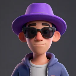 a person with a purple hat and sunglasses, a character portrait by senior character artist, trending on polycount, dada, rendered in cinema 4 d, rendered in unreal engine, rendered in maya,