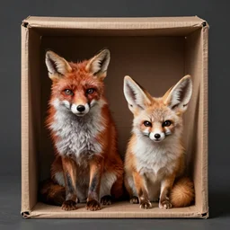 red fox and a fennec fox sitting in a box