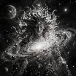 the eternal space god being with galaxy hair, high concept space fantasy art, by Jim Burns and Bruce Pennington and Greg Rutkowski, intricate details, beautiful epic character design, low contrast, low saturation, cinematic lighting, complex intricate physics and planets space background