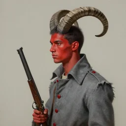 profile portrait handsome young man with narrow face and crimson skin, large curved black and white striped ibex horns on a head, tattered slate gray collared coat with red buttons, old musket in right hand, painted by dustin nguyen akihiko yoshida greg tocchini greg rutkowski, empty background, elegant, hyperrealism, morandi color scheme, octane render, commission art