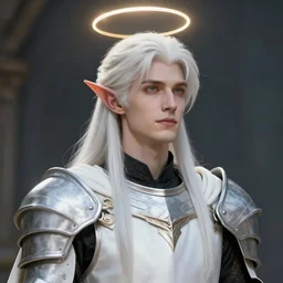 portrait of a young beautiful calm and pious male aasimar paladin with white hair a halo above his head wearing white vestments under armor, pensive and hopeful expression, by Greg Rutkowski, intricate, masterpiece, sharp, digital art, 8k