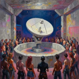 palette knife oil painting of psychedelically lit exposed concrete walls, a crowd of clubbers, surrounding a cement fighting pit shaped like a satellite dish., extreme detail, artstation trending, artgerm, any racial background, deviant art, octane, substance, art history 8 k