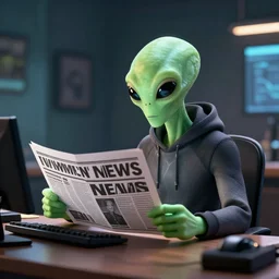 Newsreader who is an alien sitting at a desk reading the news, 4K, high octane