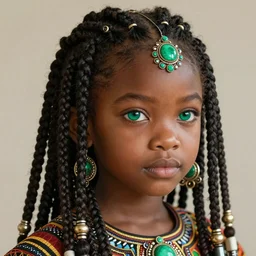 stunning portrait of one cute little african girl with a beautiful braid and dreamy emerald eyes, wearing traditional attire and beautiful ornaments, smooth, well focused, volumetric soft lighting, afrofuturism style, artstation HD, 8K