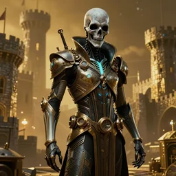 artdeco steampunk grim reaper, hyper detailed, bioluminescent, background fortress, digital art, golden, trending in artstation, cinematic lighting, studio quality, smooth render, unreal engine 5 rendered, octane rendered, art style by ian sprigger and terry gilliam brazil and archan nair, jack kirby and simon bisley, physically based rendering