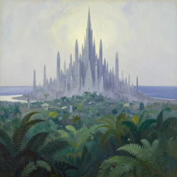 bazaar of the elven megacity of crystals and ferns, located at the coast. gouache by tove jansson, gothic horror, minimalism, impressionism, depth of field, backlighting