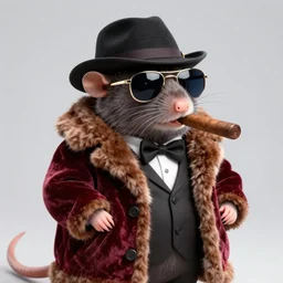 anthropomorphic gangster rat wearing a velvet fur coat, wearing sunglasses and a hat, slightly chubby, cigar, long fur, rat, detailed, 3d render, 4k, pixar