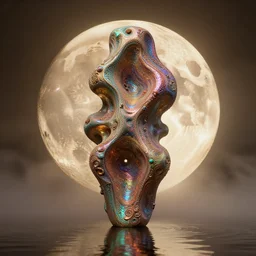 giant iridescent abstract sculpture monolith in the moon, foggy, moody, warm tones, water reflection : : by jeff koons, dan mcpharlin daniel merrian : : ornate, dynamic, particulate, rich colors, intricate, elegant, highly detailed, centered, artstation, smooth, sharp focus, octane render, 3 d