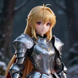 portrait focus of knight beautiful 3D anime girl, chamallow armor wearing, dark forest background, snowing, bokeh, inspired by Masami Kurumada, digital painting, high contrast, unreal engine render, volumetric lighting, high détail