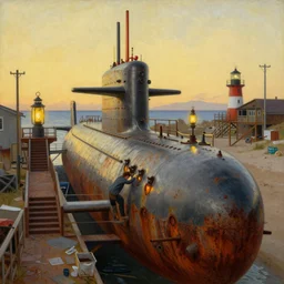 painting by dean cornwell, nc wyeth painting, ultra wide, vanishing point, 3 d perspective, beached submarine, incredible, award winning, up close, climbing, beaching, rust, sadness, golden hour, junk town, lanterns, scafolding, catwalk, stairs, lighthouse, lookout tower, telephone pole