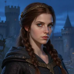 closeup portrait of a mage, cloth, blue hour, dungeons and dragons character, dramatic lighting, female, brown hair, celtic braid, castle background, gorgeous view, realistic, high detail, digital art, painted by greg rutkowski, painted by jeremy mann, painted by alphonse mucha, trending on artstation