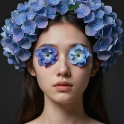 hyperrealistic mixed media image of random magic of woman with hydrangea flowers in eyes, head split of open and flowers spilling out, stunning 3 d render inspired art by greg rutkowski and xiang duan and thomas eakes, perfect facial symmetry, flesh texture, realistic, highly detailed attributes and atmosphere, dim volumetric cinematic lighting, 8 k octane detailed render, post - processing, masterpiece,
