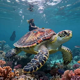 a stunning ultra detailed underwater fantasy fine art photo of a giant turtle in the style of tlingit art, overgrown with colorful coral, by tomasz alen kopera and anna dittman, water bubbles, very detailed, deep depth of field, 5 0 mm lens, soft lighting, artstation, highly coherent, 8 k