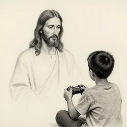 realistic pencil drawing of jesus christ watching a kid play video games, masterpiece, minimalist