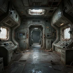 Interior of a abandoned and derelict spaceship, trending on artstation, realistic lighting, realistic reflections , highly detailed , 4K , 3D rendered with some Isekai thrown into the mix