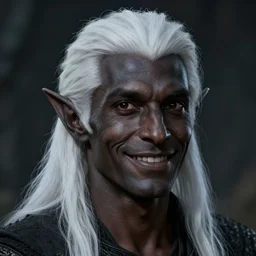 a head portrait of a dark drow elf male, medium length white hair, charcoal skin, smooth skin, young adult, happy, pointed chin, charcoal color skin, curious, style by donato giancola, wayne reynolds, jeff easley dramatic light, high detail, cinematic lighting, artstation, dungeons and dragons