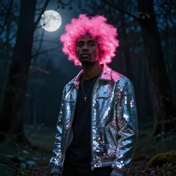 man with pink glowing afro wearing disco jacket, standing in atmospheric spring forest at night, high contrast photoshop digital painting, beautiful moon lighting, best of artstation 4 k