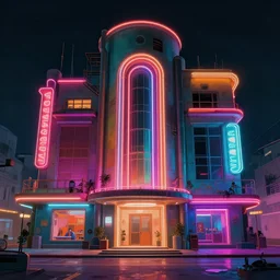 brutalist architecture, colorful neon lighting, raphael lacoste, eddie mendoza, alex ross, concept art, matte painting, highly detailed, rule of thirds, dynamic lighting, cinematic, detailed, denoised, centered