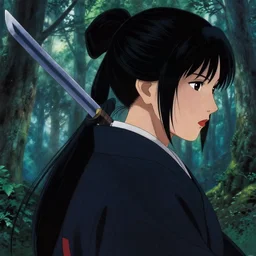 beautiful cinematic fantasy poster, asian woman side view using a bokken, closeup at the faces, perfect art, in a forest, by noriyoshi ohrai