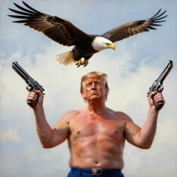 a painting of a shirtless, muscular, donald trump holding a pistol in each hand, as a bald eagle flies over holding an american flag.