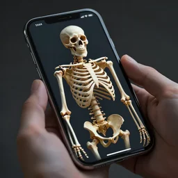 skeleton playing on an iphone, photorealistic, detailed, rendered