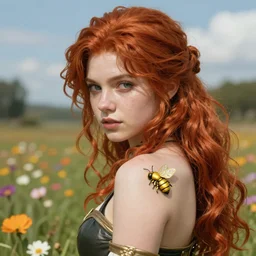 An epic fantasy comic book style portrait painting of a young red headed girl with a tiny bright golden bee engraved on her shoulder in a field of flowers , unreal 5, DAZ, hyperrealistic, octane render, cosplay, RPG portrait, dynamic lighting