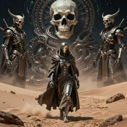 a cyborg dressed in a large cloak walking through a dangerous desert, skull, guardians, night. close up, in the center, centered, epic, intrincate, volumetric, strange dimension, full body, devianart, by moebius, jean giraud & kilian eng moebius style