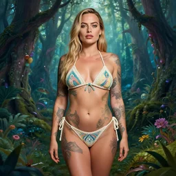 margot robbie portrait with a tattooed body posing in a magical crochet bikini in a magical forest, beautiful eyes, realistic face, full body, fantasy art, in the style of Ali Cavanaugh, illustration, epic, fantasy, intricate, hyper detailed, artstation, concept art, smooth, sharp focus, ray tracing, vibrant