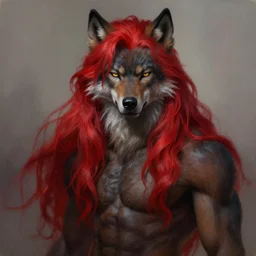 award winning painting of a anthropomorphic black male wolf fursona long red hair | | concept art, volumetric lighting, highly detailed, photorealistic, by greg rutkowski and cory loftis trending on artstation