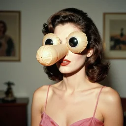 glamorous woman with an inflatable spherical prosthetic nose, circular cardboard eyes, 1 9 7 2, color, fassbinder, medium - shot 1 6 mm film, interior