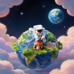 a piece of the earth in the foreground in the middle of the picture, on the piece of earth is an astronaut ramming a toadstool into the ground, in the background are stars and planet earth, on the edge of the picture are colorful clouds