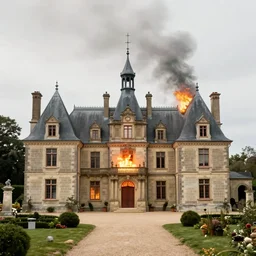 1 9 7 0 s movie still of a heavy burning french style manor in a small french village, cinestill 8 0 0 t 3 5 mm, heavy grain, high quality, high detail, dramatic light, anamorphic, flares