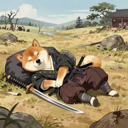 a shiba-inu-samurai general waking up from a nap on the battlefield, his trusty katana at his side, artwork on loan from the historical dog society of japan