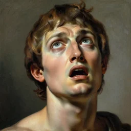 scared man staring up, high detail painting by michelangelo