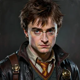 portrait painting of a scowling dieselpunk daniel radcliffe as harry potter, sharp focus, award - winning, trending on artstation, masterpiece, highly detailed, intricate. art by josan gonzales and moebius and deathburger