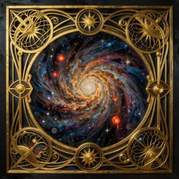 breathtaking detailed painting of intricate golden art nouveau ribbons, cosmos and nebulae sky with embers, by ayami kojima, ruan jia and brom, 8 k, concept art, matte, sharp focus, rembrandt style
