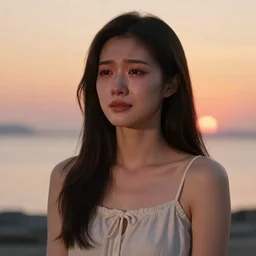 a pretty girl crying wearing a dress, sunset in the background, near a thumbstone. highly detailed digital art. full body. serene lighting, sharp focus, - n 9