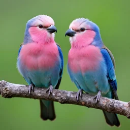 highly detailed realistic photo of pink and blue colored birds sitting on tree, green smooth background, vibrant colors, award winning masterpiece photography, hyper realistic, concept art, 8 k detail post - processing