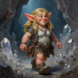 happy female fantasy dwarf miner walking through a crystal mine, rpg portrait reference, oil painting, trending on artstation, octane render, insanely detailed, 8 k, hd, larry elmore